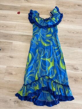 Blue & Lime High-Low Ruffle Dress